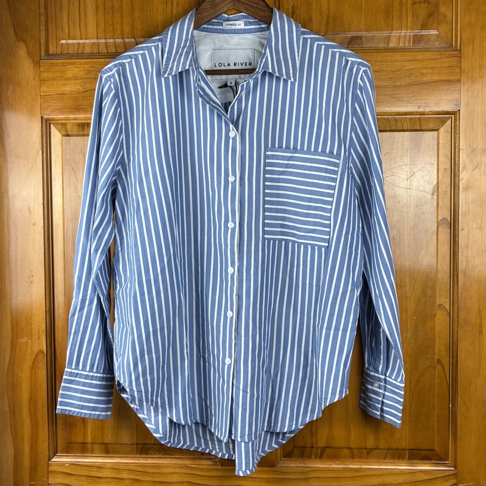 Lola River Max Ocean Blue Striped Oversized Button Down Shirt Coastal Preppy